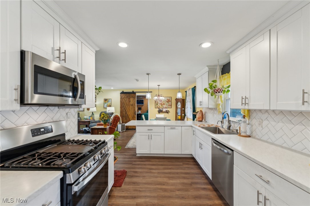 3885 Shields Road Canfield, OH 44406 - Photo 28 of 38 Kitchen featuring stainless steel appliances, decorative backsplash, a barn door, white cabinets, and recessed lighting
