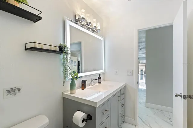 a bathroom with a sink a toilet and mirror
