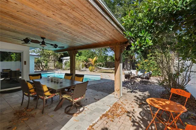 a view of a patio with a table and chairs under an umbrella