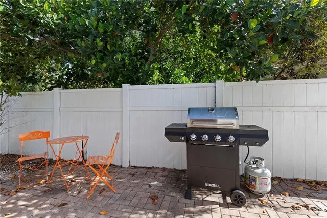 a view of a chairs and table in the backyard