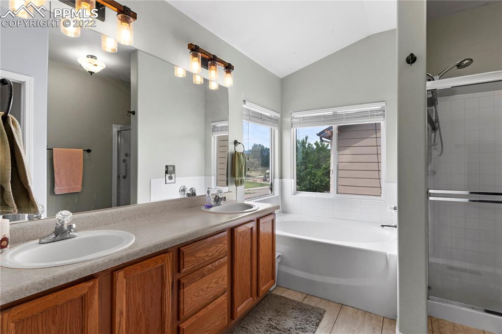 803 Ridgebury Place Fountain, CO 80817 - Photo 31 of 45 a bathroom with a granite countertop sink mirror and a bathtub