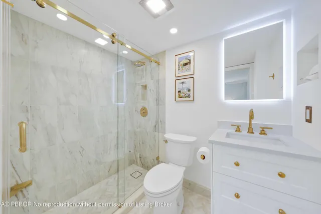 a bathroom with a granite countertop sink a toilet and a shower