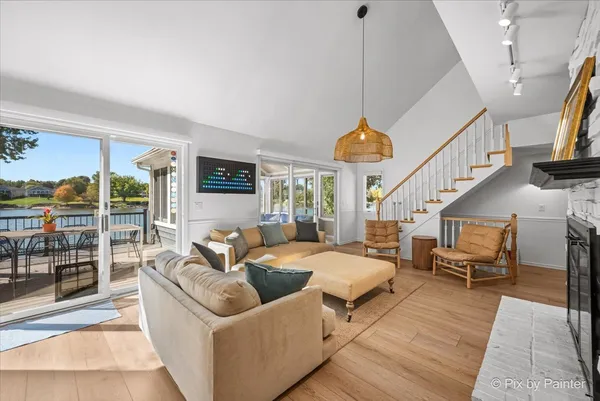 a living room with furniture and a table