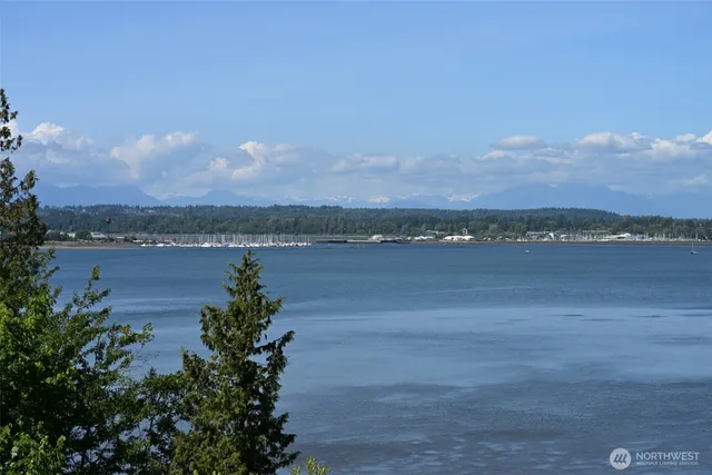 a view of a lake with houses in the back