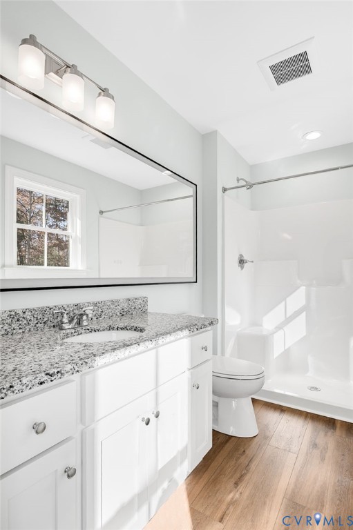 2321 Rock Island Road Scottsville, VA 24590 - Photo 18 of 24 a bathroom with a granite countertop sink a toilet a mirror and shower