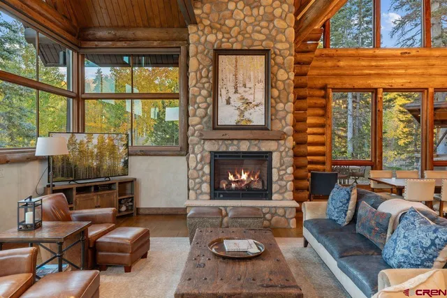 a living room with furniture a fireplace and a floor to ceiling window