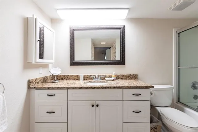 a bathroom with a toilet sink vanity and mirror