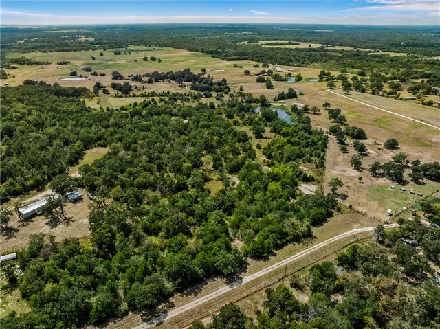 an aerial view of a residential houses with outdoor space and trees