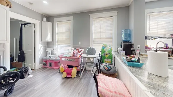 a view of a dining room with furniture