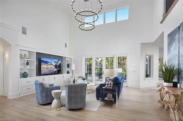a living room with furniture large window and flat screen tv