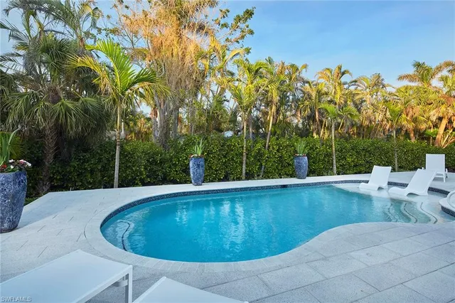 a view of a swimming pool and lounge chair