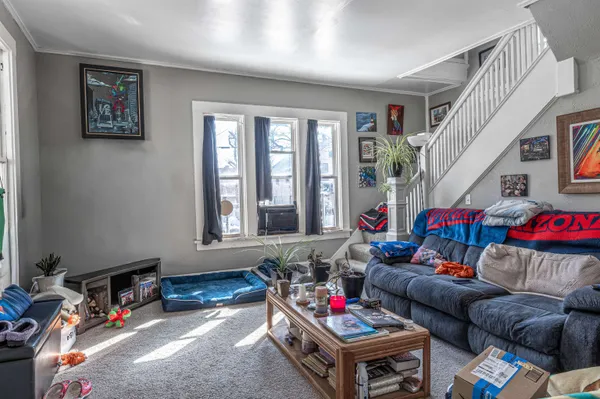 a living room with furniture toys and a potted plant