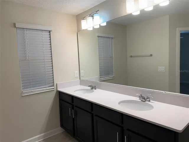 a bathroom with a double vanity sink and a mirror