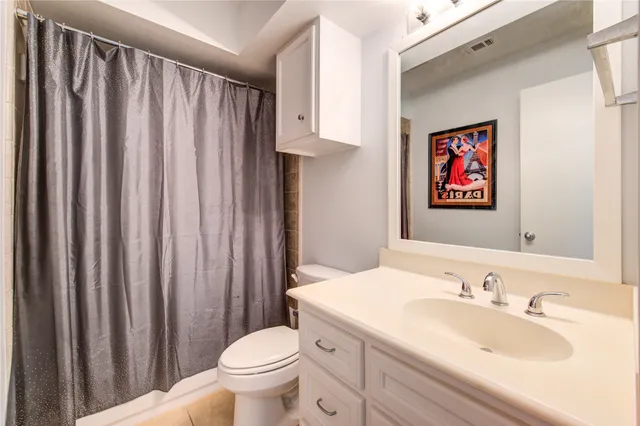 a bathroom with a sink a toilet and shower curtain