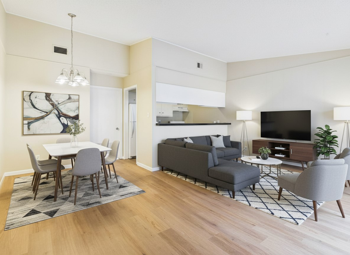 616 West 51st Street, Unit 101 Austin, TX 78751 - Photo 1 of 1 a living room with furniture a flat screen tv and kitchen view