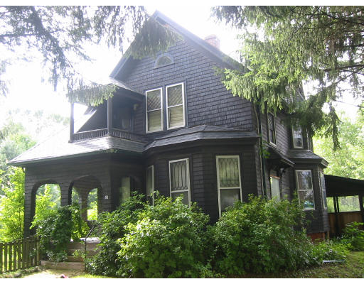 a front view of a house with plants and trees