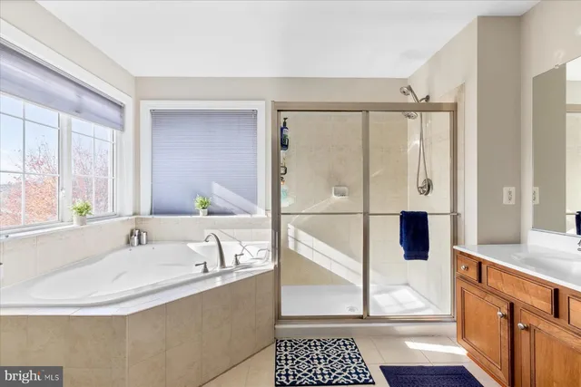 a bathroom with a tub sink shower and mirror