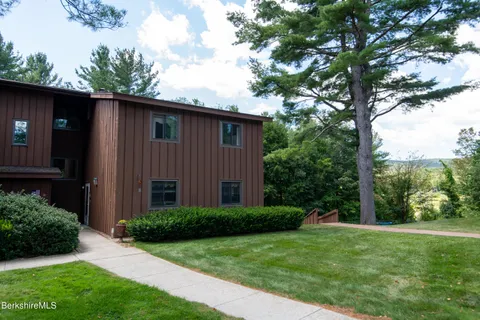 a backyard of a house with plants and large tree