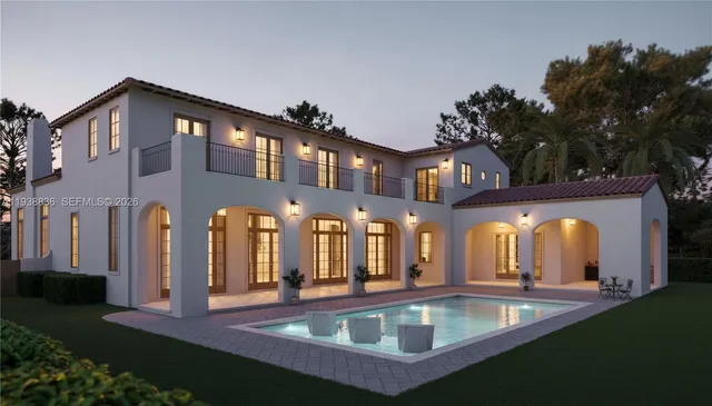 a view of a house with pool and porch