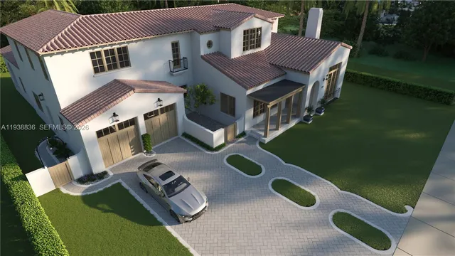 a aerial view of a house with pool table and chairs