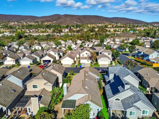an aerial view of residential houses with outdoor space