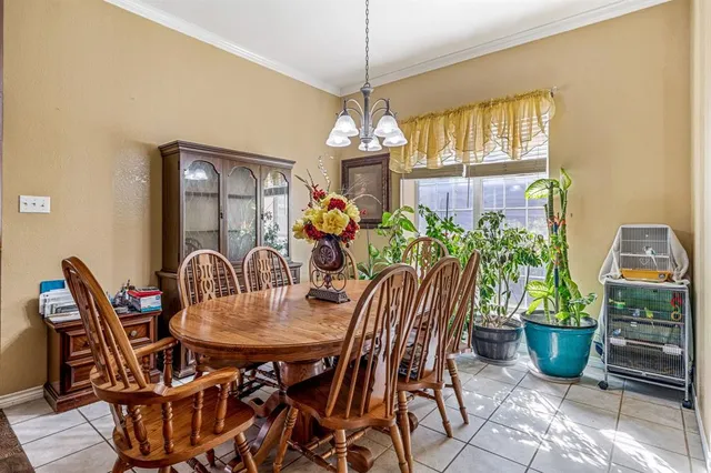a dining room with furniture potted plants and wooden floor