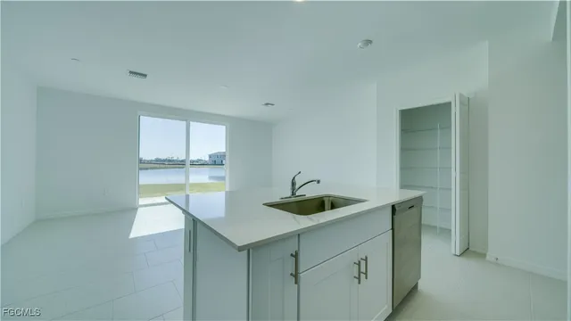 a kitchen with a sink and cabinets