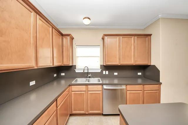 a kitchen with a sink a window and cabinets