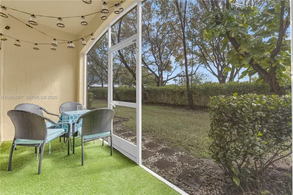 a backyard of a house with table and chairs