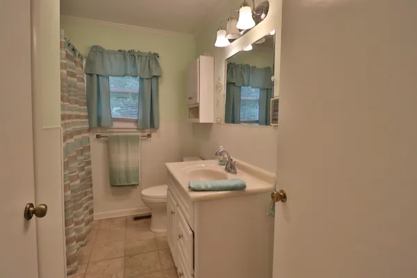 a bathroom with a sink a toilet and mirror