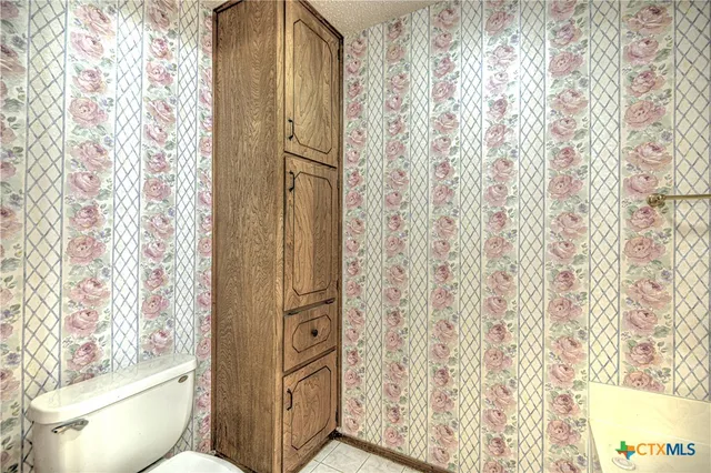 a bathroom with a toilet and shower curtain