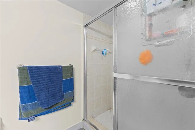 a bathroom with a shower and mirror