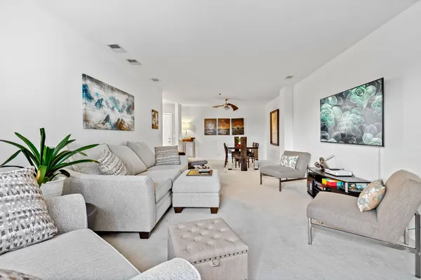 a living room with furniture potted plant on the wall and a window
