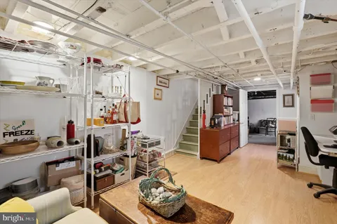 a garage with furniture