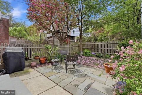 a view of backyard with seating space and trees