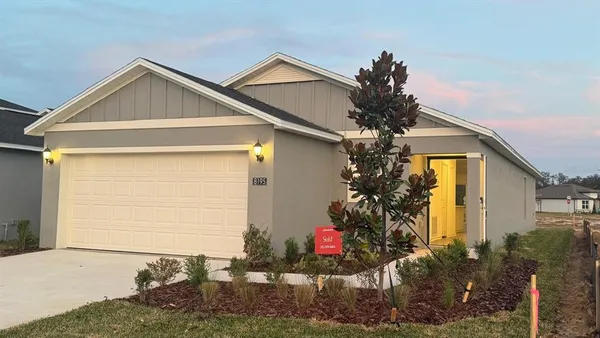 a view of a house with a yard and potted plants