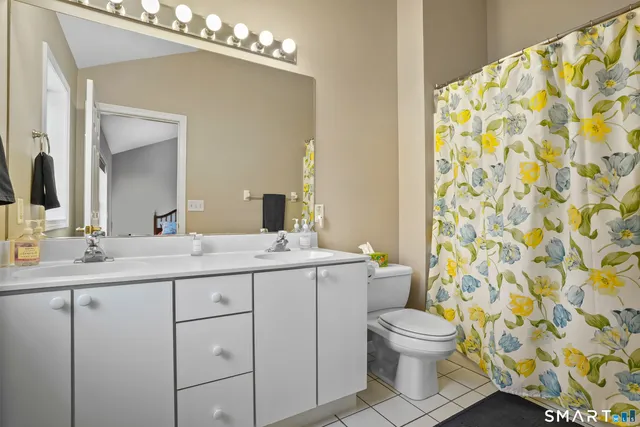 a bathroom with a granite countertop sink a toilet and a mirror