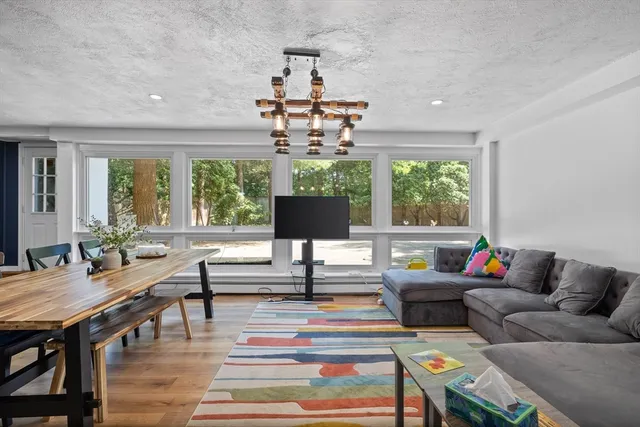 a view of a dining room with furniture window and wooden floor