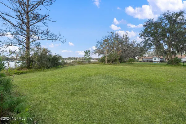 a view of a field of grass and trees