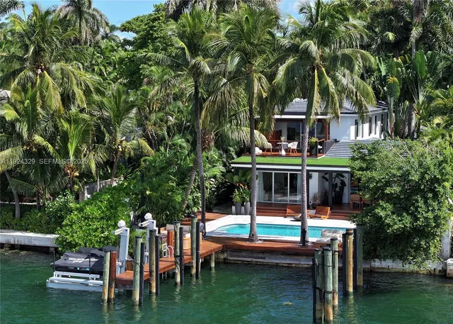 swimming pool view with a garden