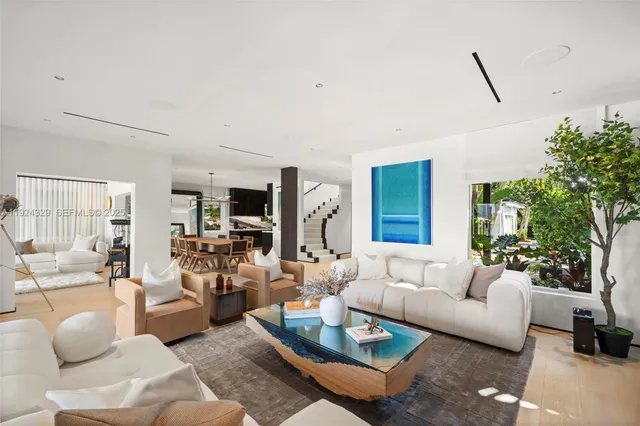 a living room with furniture potted plant and a large window