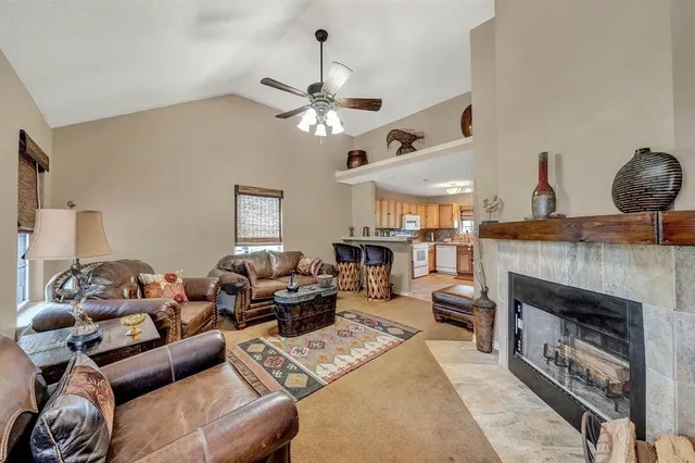 a living room with furniture a fireplace and a chandelier
