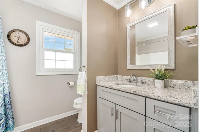 a bathroom with a granite countertop sink toilet and mirror