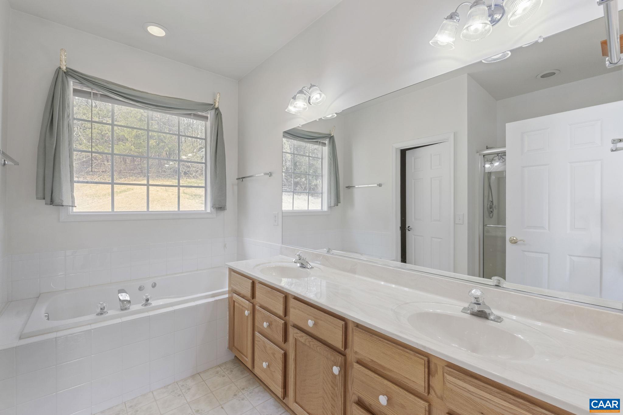 1118 Rustic Willow Lane Charlottesville, VA 22911 - Photo 10 of 33 a bathroom with double vanity sinks a large mirror and a bathtub