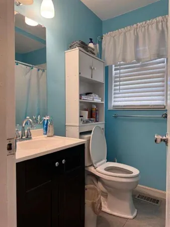 a bathroom with a sink a toilet and mirror
