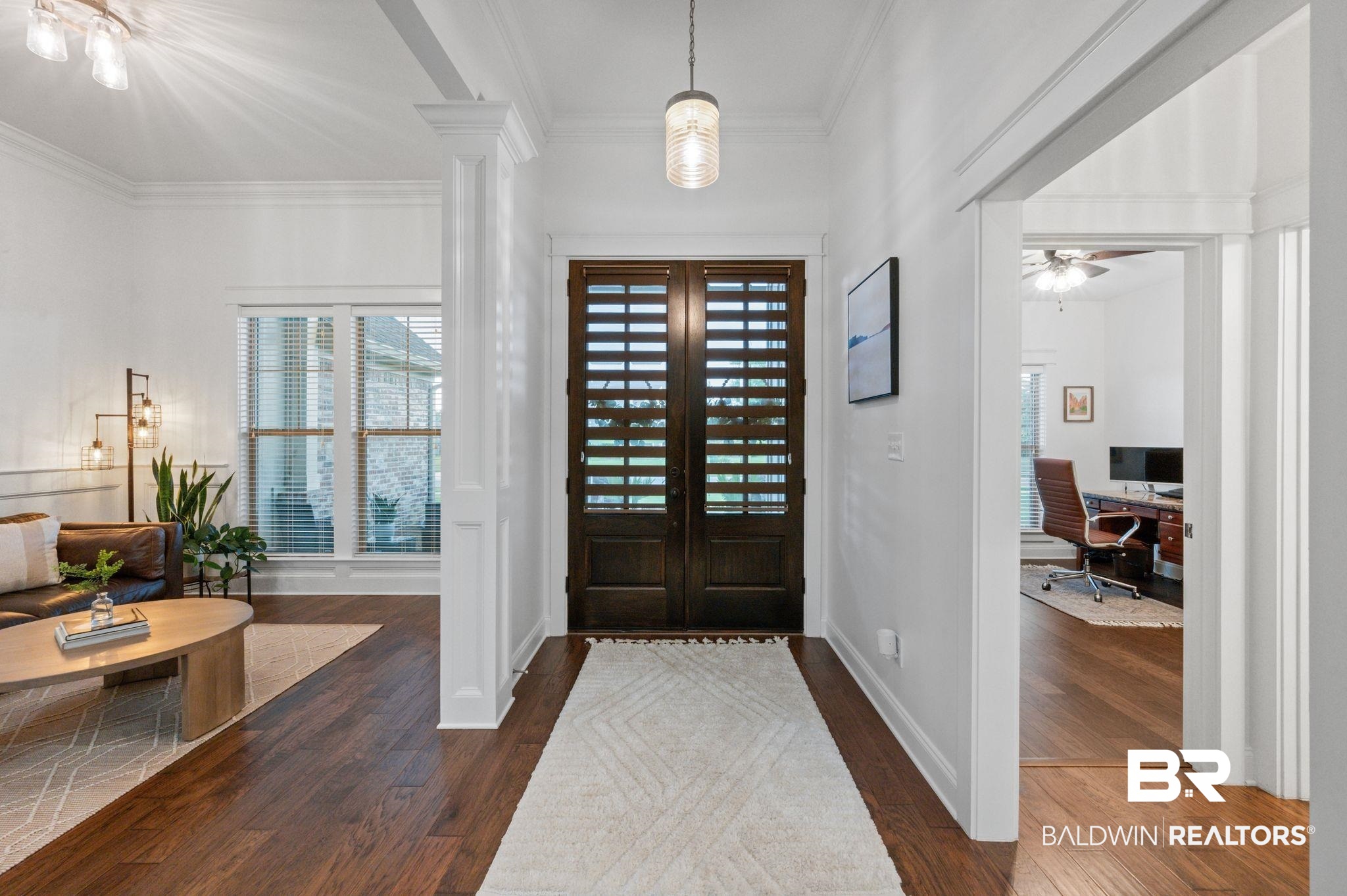 418 Fortune Drive Fairhope, AL 36532 - Photo 10 of 63 Foyer featuring french doors, ornate columns, dark wood-type flooring, ceiling fan, and ornamental molding
