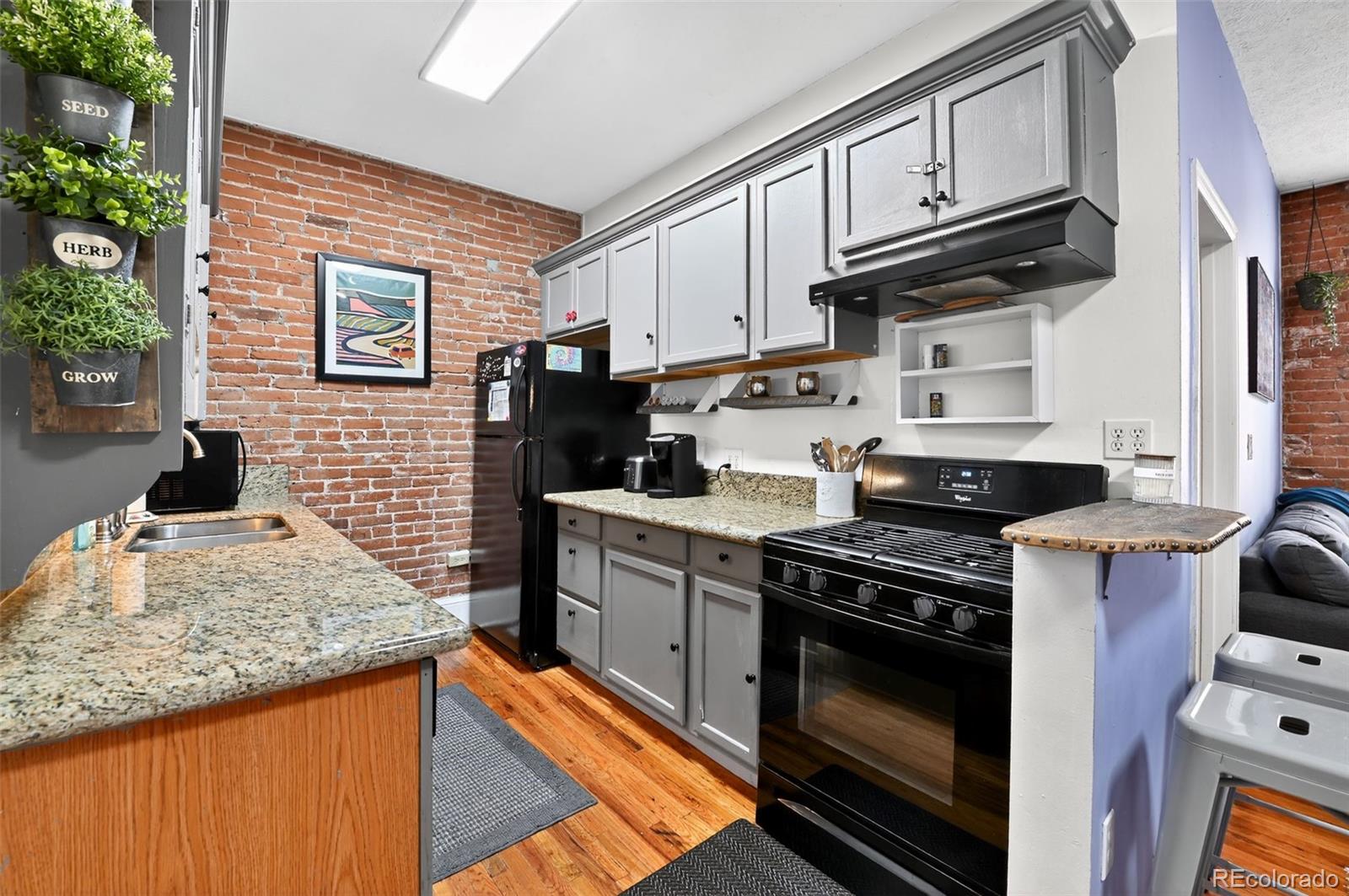 1608 Miner Street, Unit 2 Idaho Springs, CO 80452 - Photo 17 of 35 a kitchen with stainless steel appliances granite countertop a stove sink and cabinets