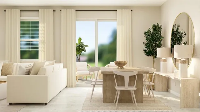 a dining room with furniture and wooden floor