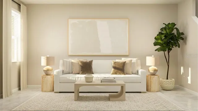 a living room with furniture and a potted plant