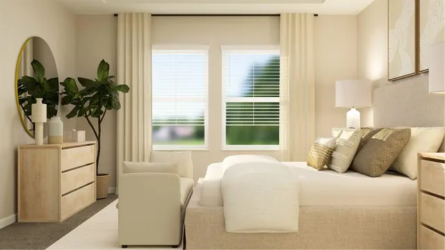 a bedroom with a bed and a large window